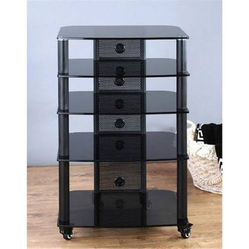 VTI Manufacturing NGR405BB Black Poles 5 Black Glass Shelves AV Stand