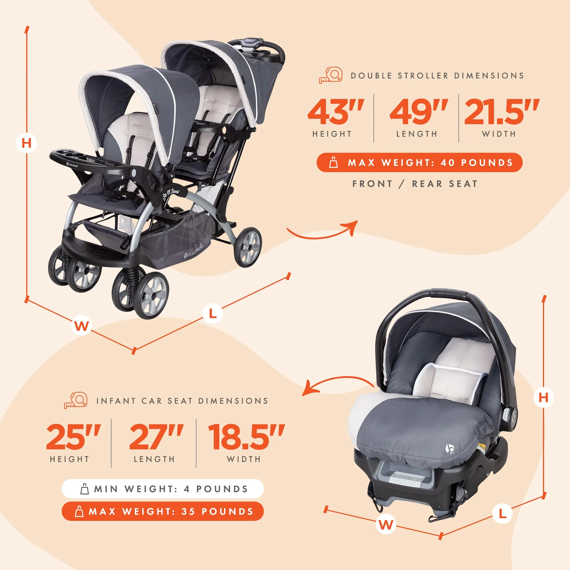 Baby Trend Sit N Stand Travel Double Stroller w/ Single Car Seat, Magnolia
