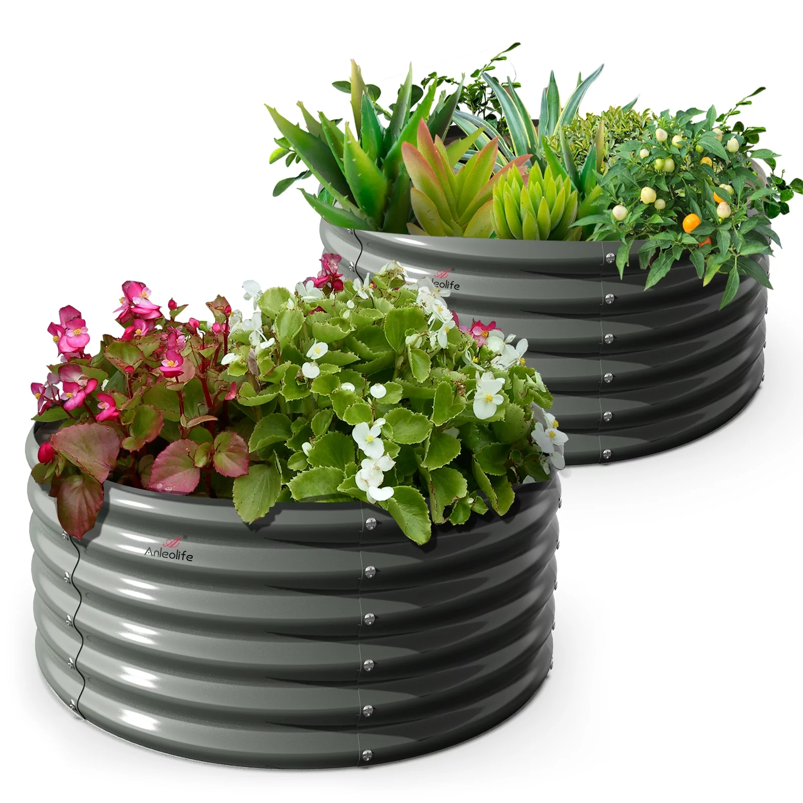 2 Pack-4Ft Round Galvanized Raised Garden Bed, 18” Tall Above Ground Modular Metal Planter Boxes Outdoor For Vegetables Flowers Herbs, Anti-Rust & Easy-Setup Quartz Grey - Curated Treasures Market