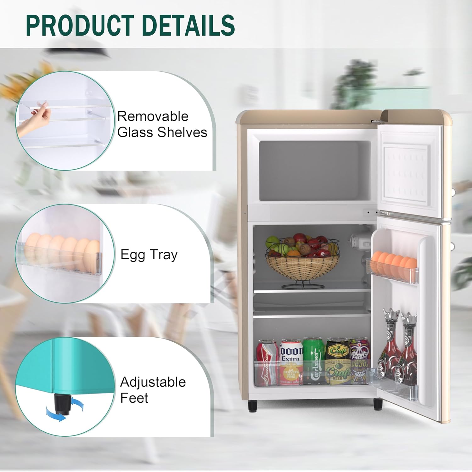 Mini Fridge with Freezer Retro Refrigerator 4.1 Cu. Ft. Small Fridge with Freezer for Bedroom with Adjustable Temperature,Glass Shelves,2-Door Retro Mini Fridge for Dorm,Office,RV,Apartment(Gold)