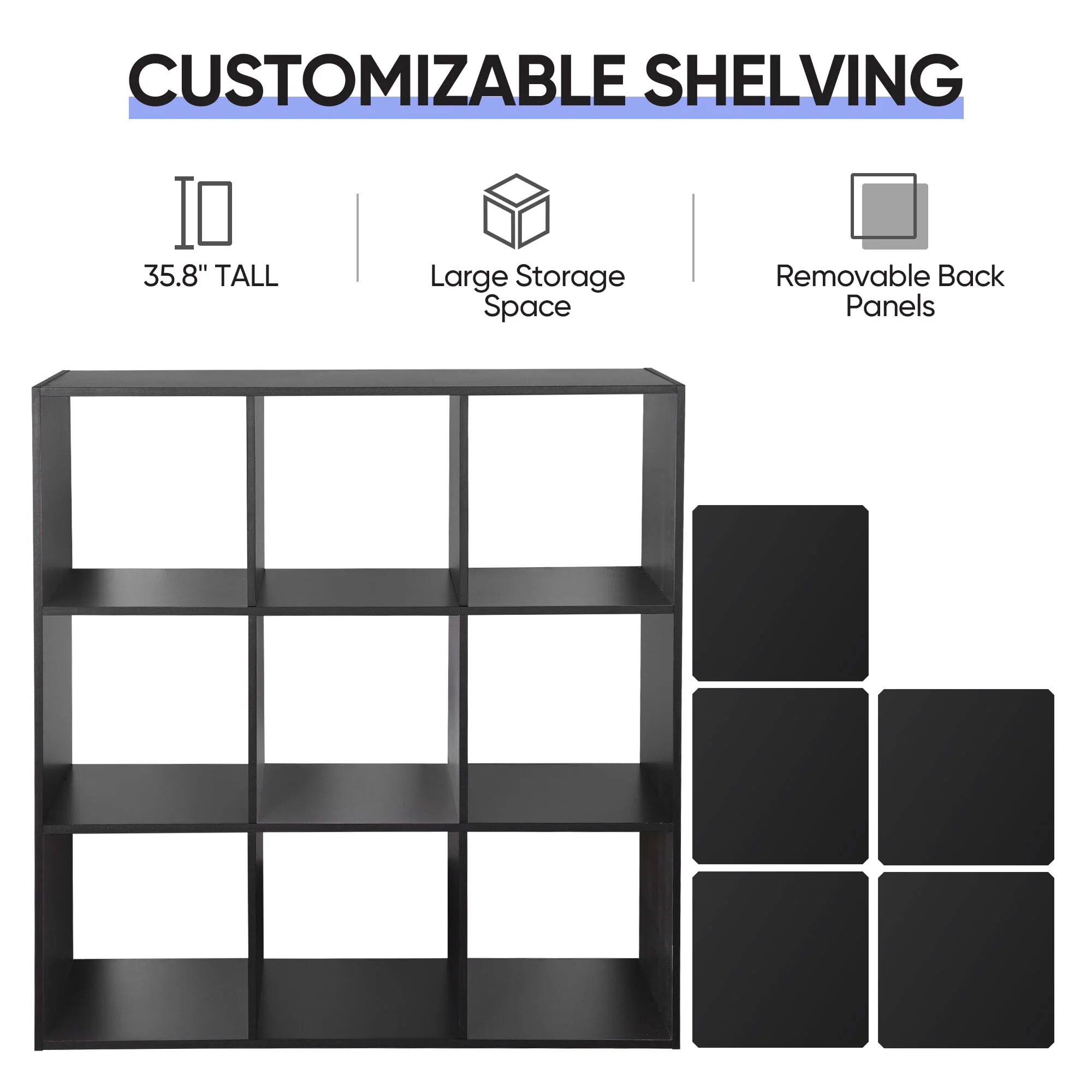 ZENY 9 Cubes Wooden Cube Organizer Bookcase Cubecials Cabinet Storage (Black)