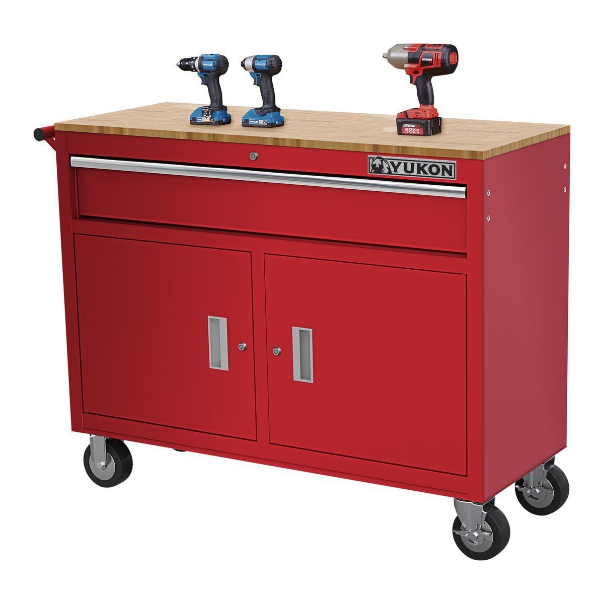 YUKON 46 in. Mobile Workbench with Solid Wood Top, Red