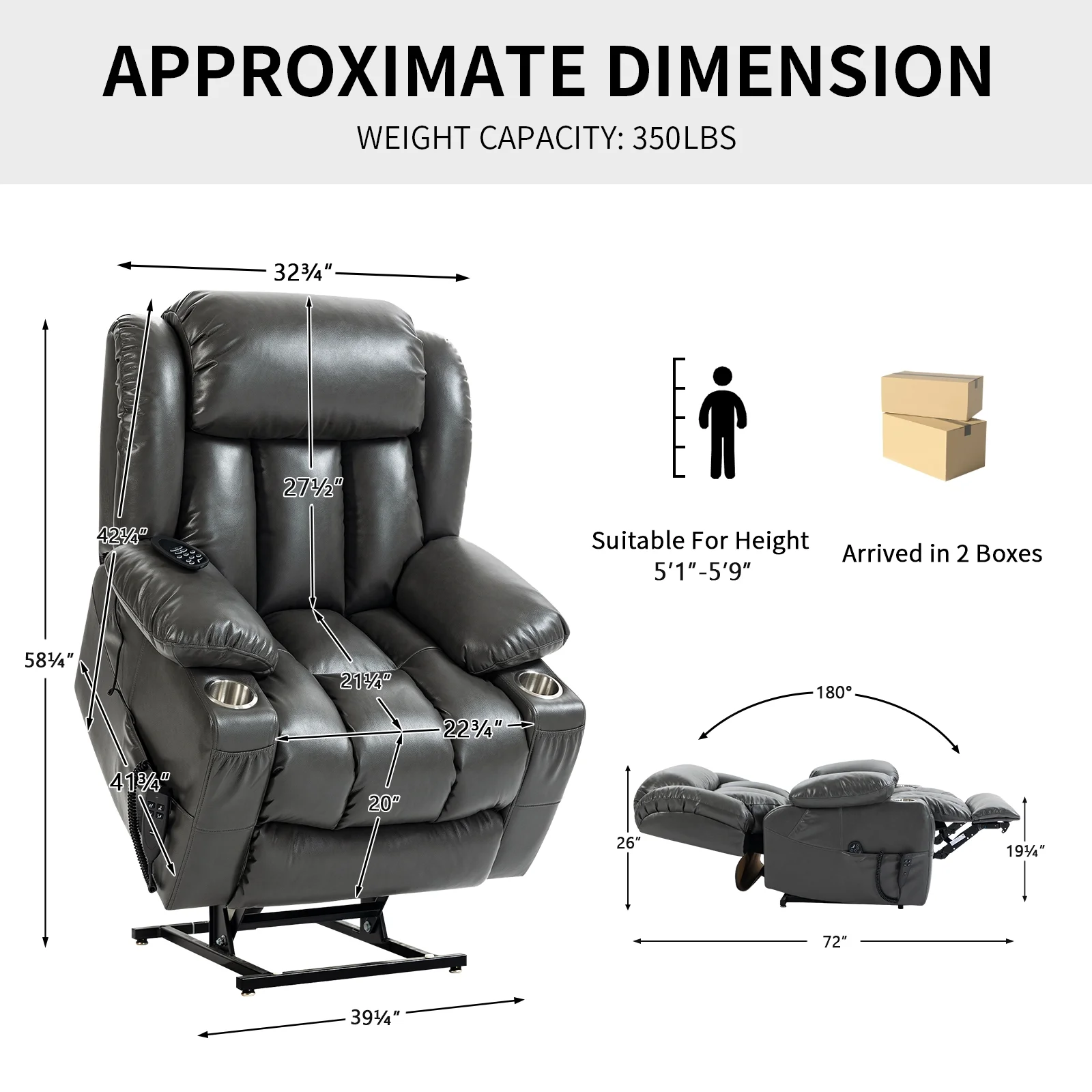 Lay Flat Dual Motor Power Lift Recliner Chair, Electric Power Lift Recliner with Massage, Home Theater Seating with Cup Holders, Massage Recliner Chair for Living Room, Bedroom, Gray