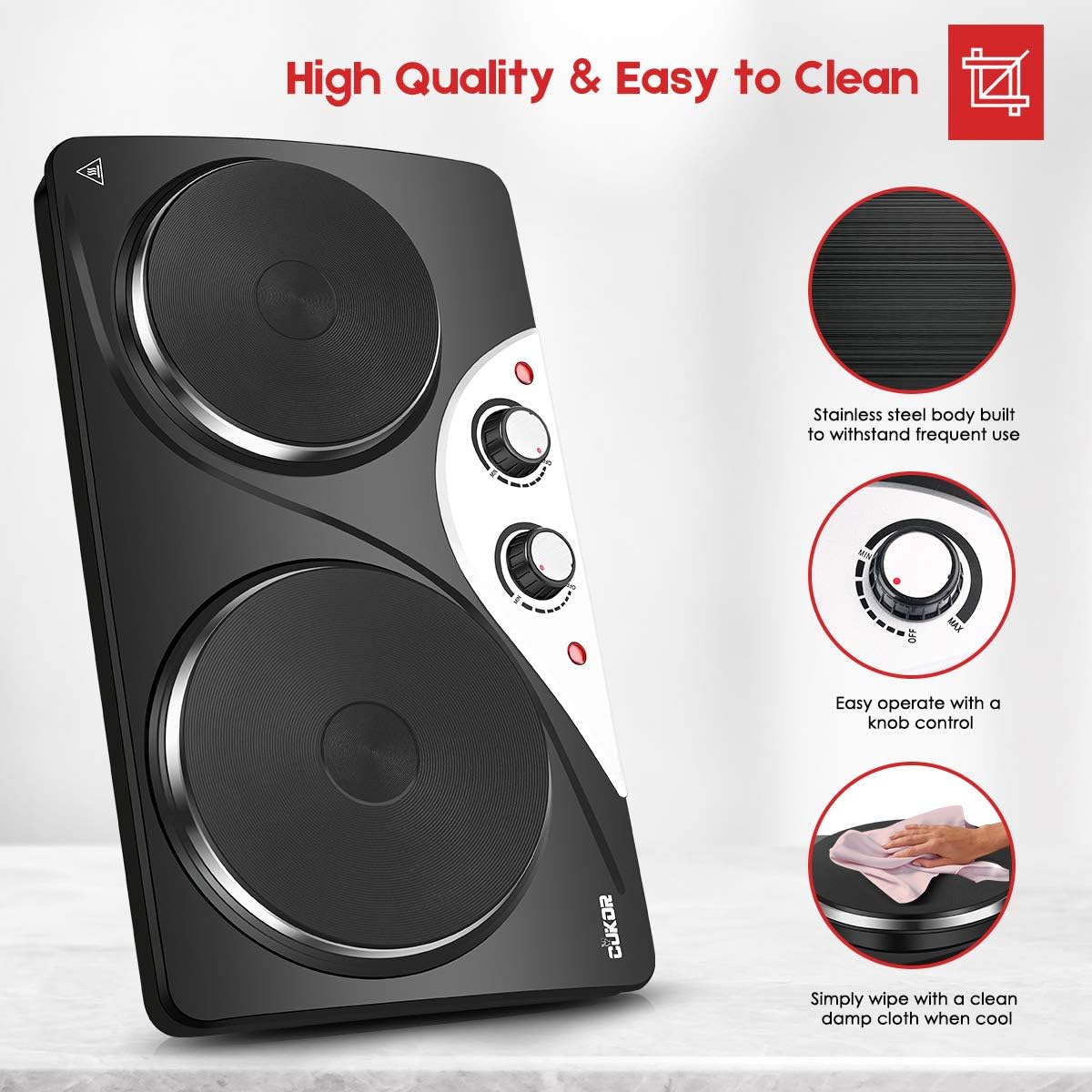 CUKOR Hot Plate,Electric Single Burner for Cooking,1500W Portable Electric Stove,cast-iron,Stainless Steel Non-Slip Rubber Feet