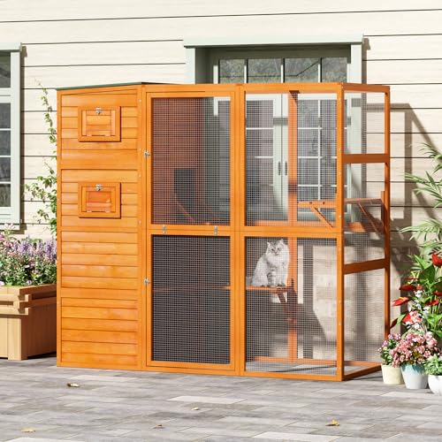 COZIWOW Large Wood Cat Catio, Outdoor Enclosure with Weatherproof Roof, 2 Resting Rooms, 2 Platforms, 4-Tier Cat Playpen, Orange
