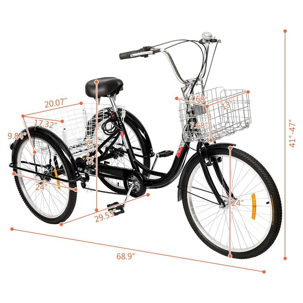 OverPatio Adult Tricycle 7 Speed, 24 Three Wheel Bikes, for Seniors, Adults, Women, Men, Black
