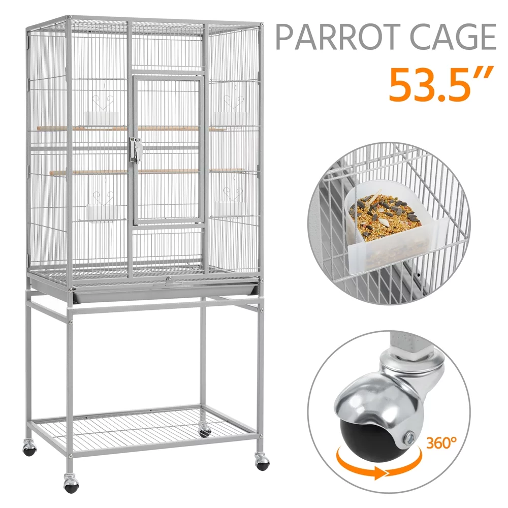 Alden Design 54" Metal Rolling Bird Cage with Detachable Stand, Light Gray - Curated Treasures Market