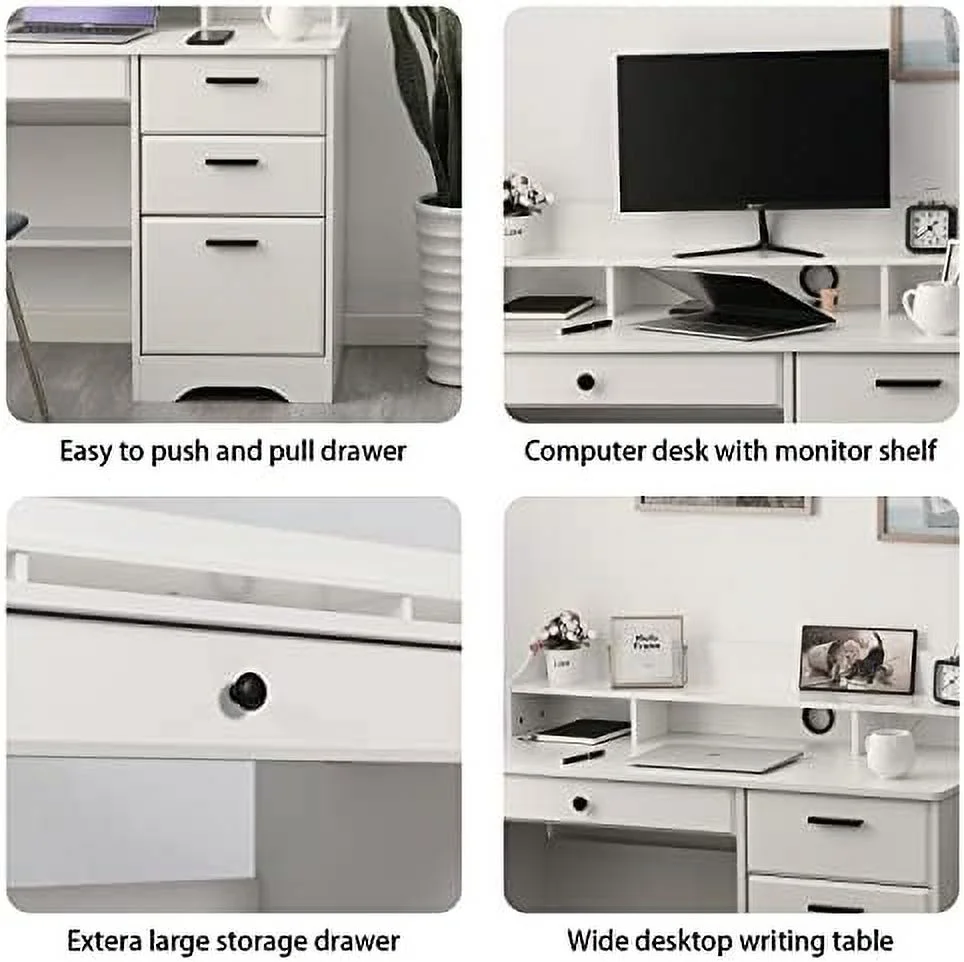 KHBIULIFE Computer Desk with Drawers and Hutch   Farmhouse Home Office Desk with  Drawers  PC Laptop Workstation Wood Computer Table Writing Study Desk Wooden Desk for Home Office Bedroom