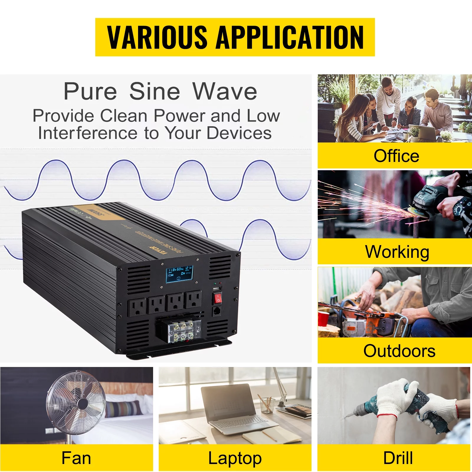 VEVOR Pure Sine Wave Inverter, 5000 Watt Power Inverter, DC 12V to AC 120V Car Inverter, with USB Port, LCD Display, and Remote Controller Power Converter, for RV Truck Car Solar System Travel Camping