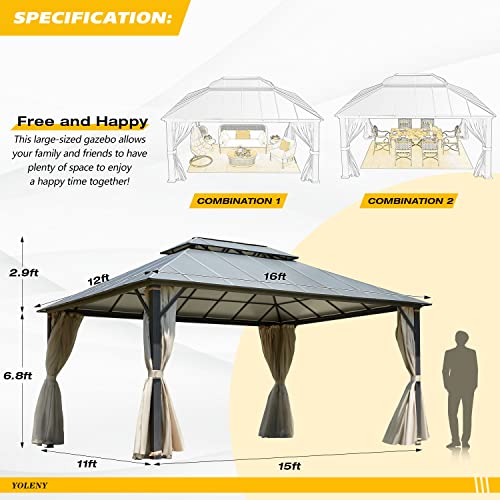 YOLENY 10' x 12' Hardtop Gazebo, Wood-Looking Gazebo with Galvanized Steel Double Roof, Aluminum Frame, Permanent Metal Pavilion with Netting and Curtains for Deck, Backyard, Patio and Lawns