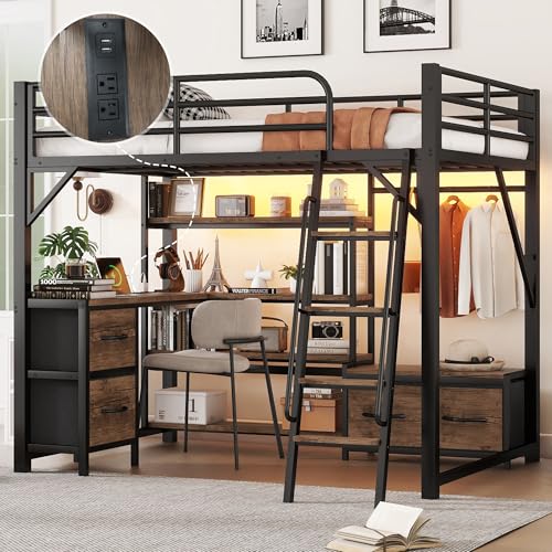 Full Size Loft Bed with Stairs and Storage, Metal Loft Bed Frame with Bedside Shelf and Large Under-Bed Space, Heavy-Duty Bed for Adults Teens and Kids, Black
