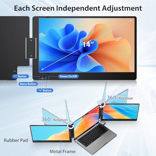 KYY Triple Portable Monitor for Laptop 14'' FHD 1080P USB-C Laptop Screen Extender HDR IPS Computer Display, Dual Monitor for Triple Screen Portable Monitor for Laptop (Mac, Wins, Android)