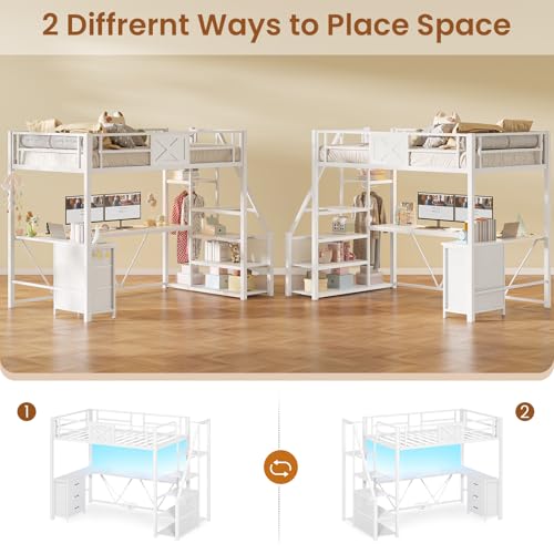 Itaar Stairway Twin Size Loft Bed with L Shaped Desk and Wardrobe, Metal Loft Bed Frame with Storage Stairs,3 Fabric Drawers, LED Lights & Charging Sation,No Noise & No Box Spring Needed, White