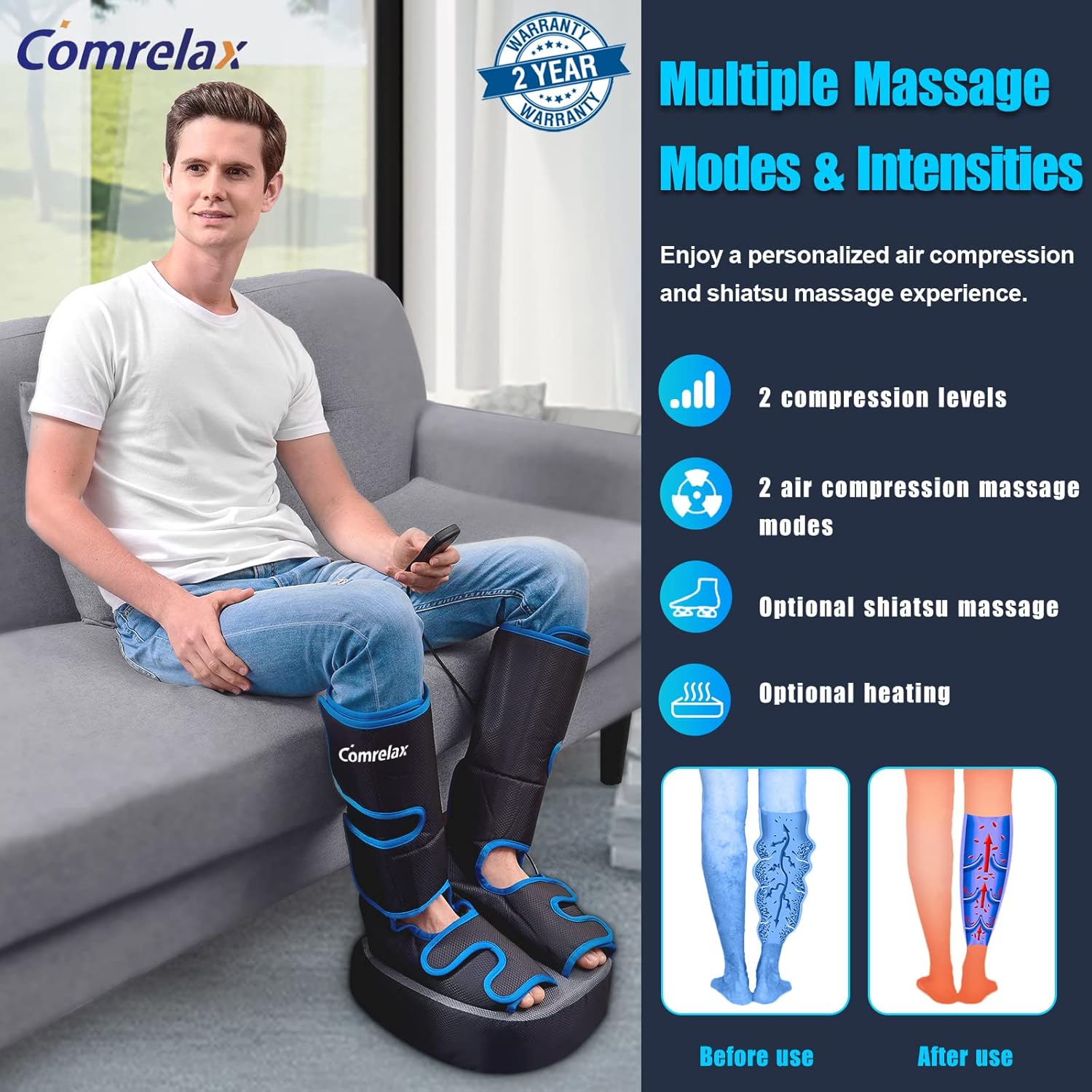Comrelax Pro Shiatsu-Foot-Massager with Heat, Air Compression Leg Massager for Circulation Calf, Helpful for Pain Relief, Muscles Relaxation, Multiple Massage Modes & Intensities