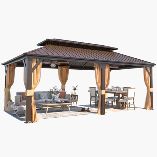 YOLENY 10' x 12' Hardtop Gazebo, Wood-Looking Gazebo with Galvanized Steel Double Roof, Aluminum Frame, Permanent Metal Pavilion with Netting and Curtains for Deck, Backyard, Patio and Lawns