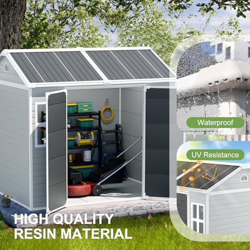 8x6x7 FT Resin Storage Shed, Waterproof Outdoor Storage Shed w/Floor, 2 Windows, Double Lockable Doors & Vents, Tool Shed for Patio Garden, Lawn, Backyard, Dove Grey
