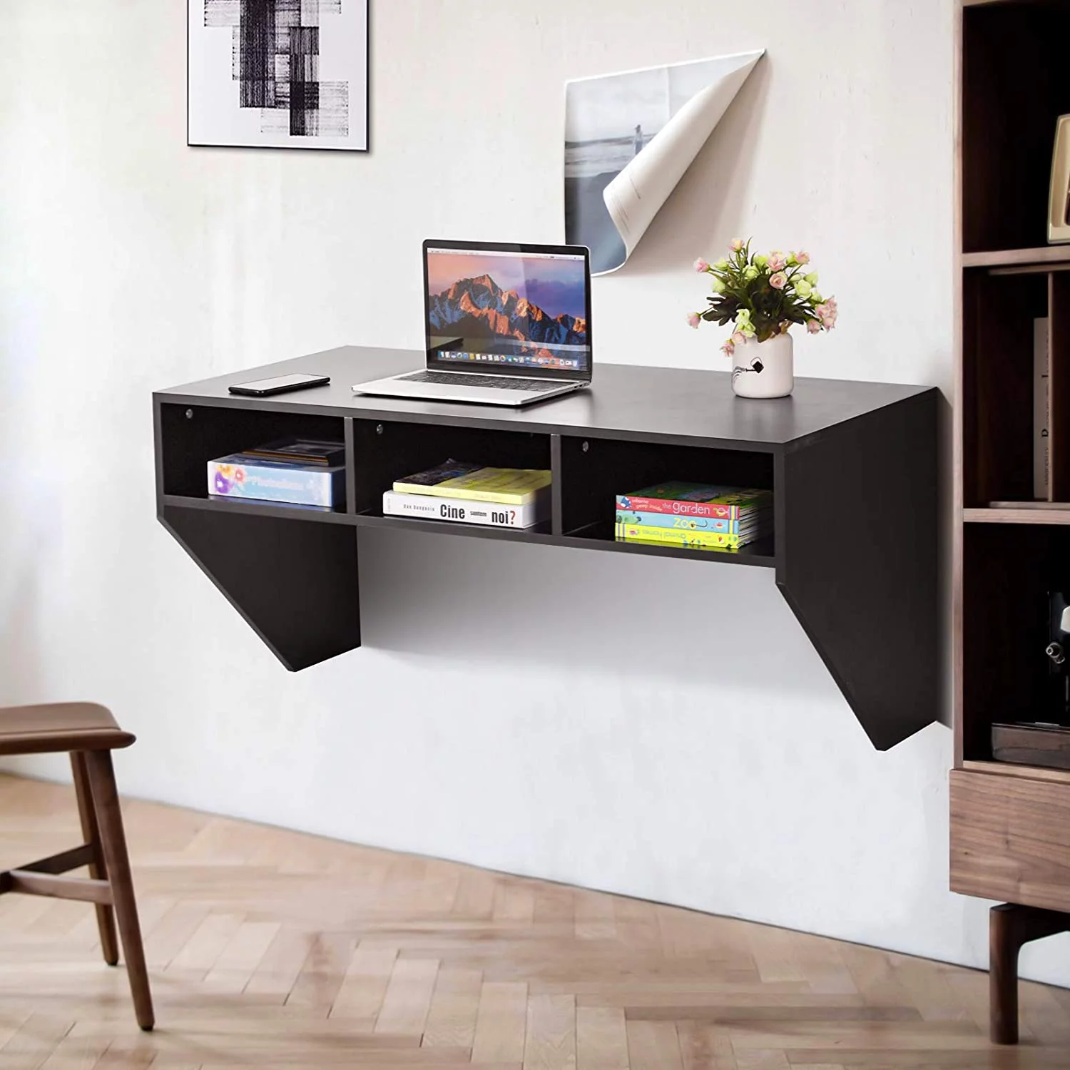 Wall Mounted Desk Floating Computer Desk, Writing Study Table W/3 Storage Shelves, Laptop PC Table for Living Room, Bedroom, Office (Black)