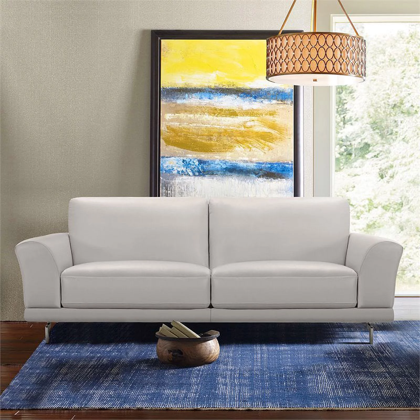 Natural Greige Modern Leather Sofa in Dove Gray/Brushed Silver