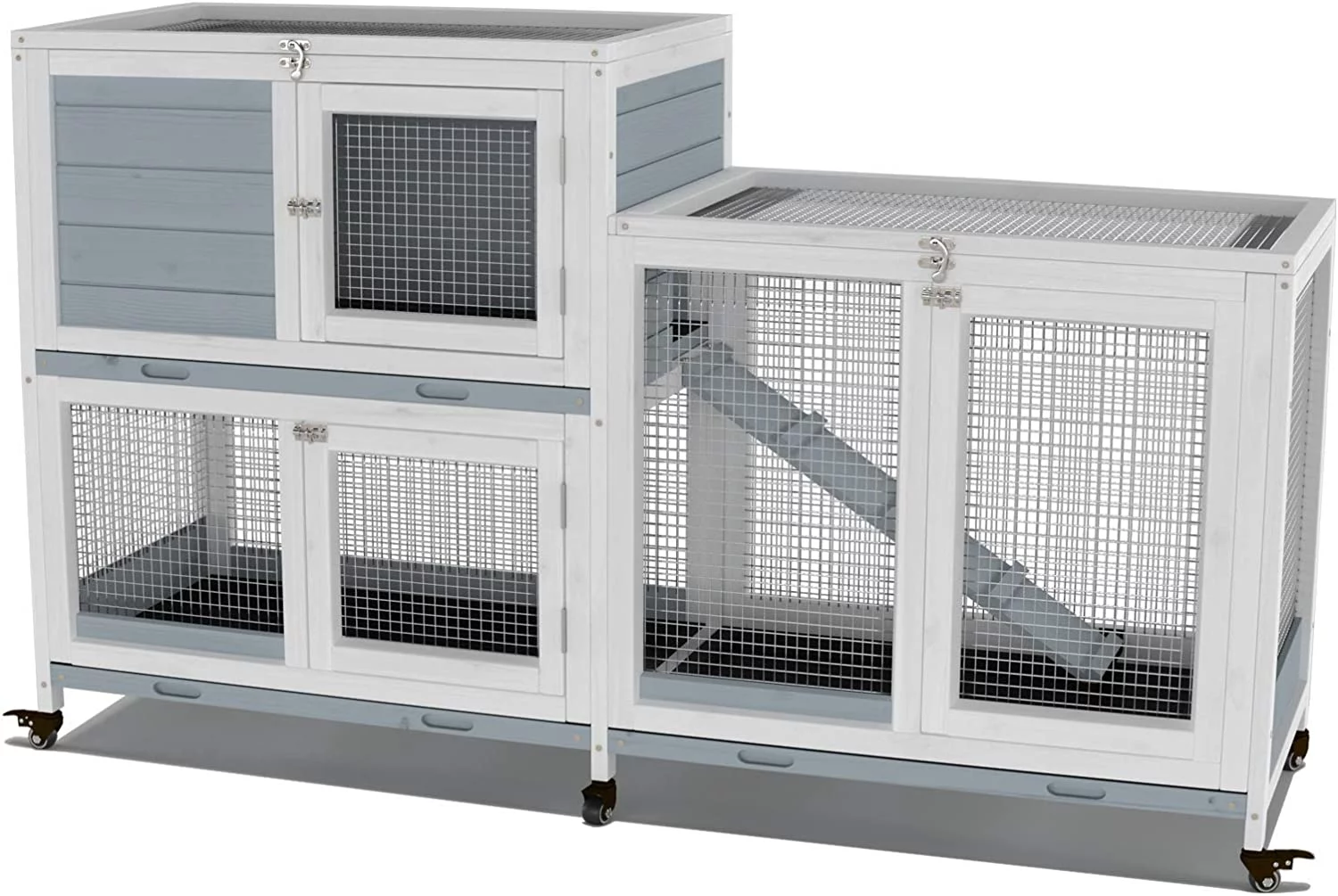 Two Floors 58" Wooden Indoor Bunny Hutch Rabbit Cage on Wheels Guinea Pig PET House for Small to Medium Animals Waterproof No Leak Tray - Curated Treasures Market