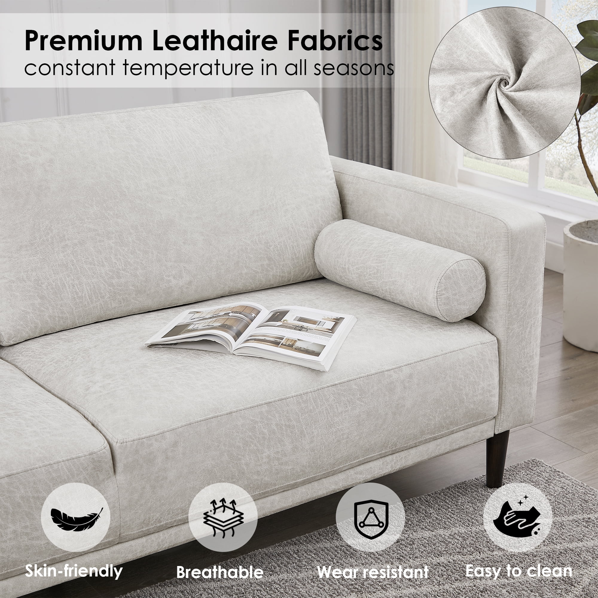 Homfa 3 Seat Sofa, 78.9'' Modern Large Upholstered PU Couch with Square Arm, White