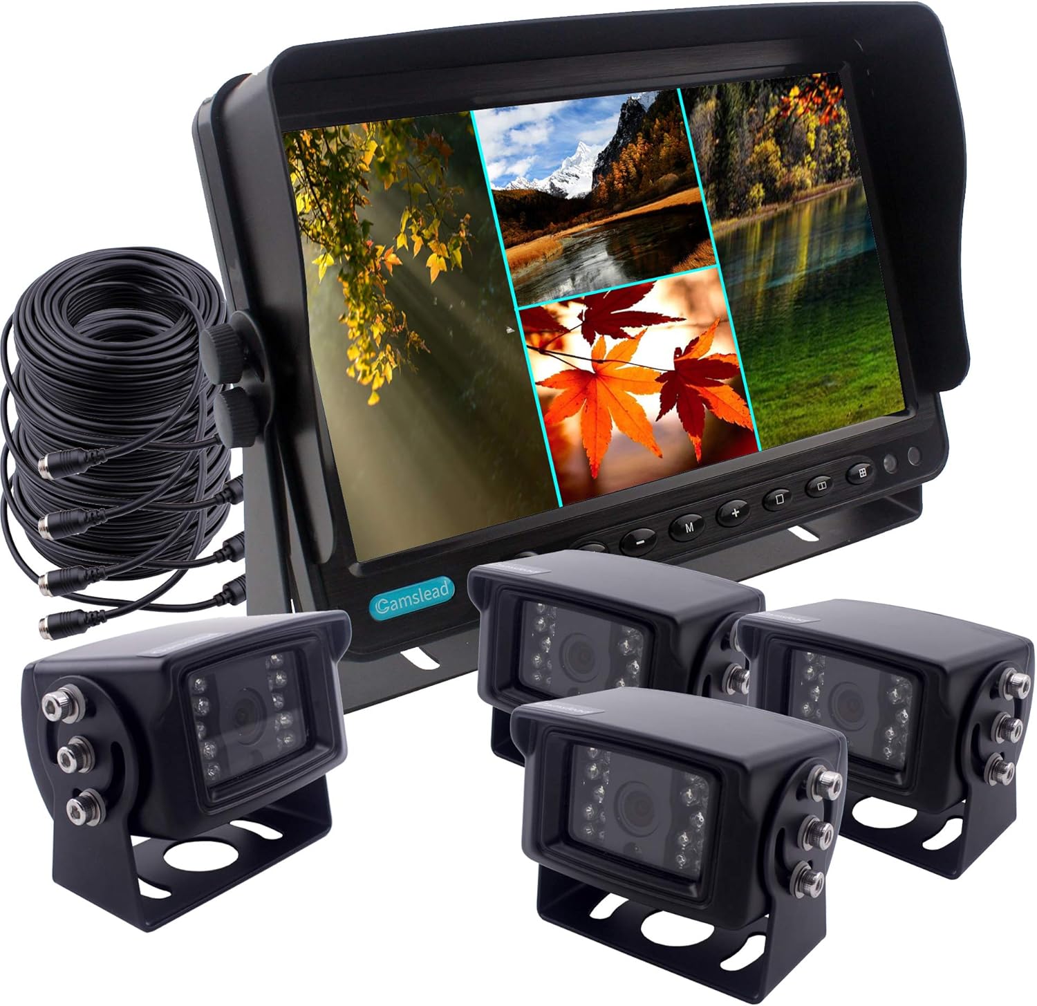 CAMSLEAD Heavy Vehicle Safety Camera System 9 inch Monitor with Quad Split Screen, Truck Trailer RV Backup Camera, HD Colour IP69K &10G Vibration Rear View Camera System for Van Caravan Camper