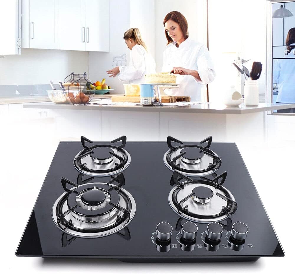 23" Gas Cooktop, Built in Gas Cooktop 4 Burners Stainless Steel Stove Black Tempered Glass Burners Gas Countertop for LPG/NG Dual Fuel Natural Gas/Propane Cooktop Heavy Duty Cast Iron Grates