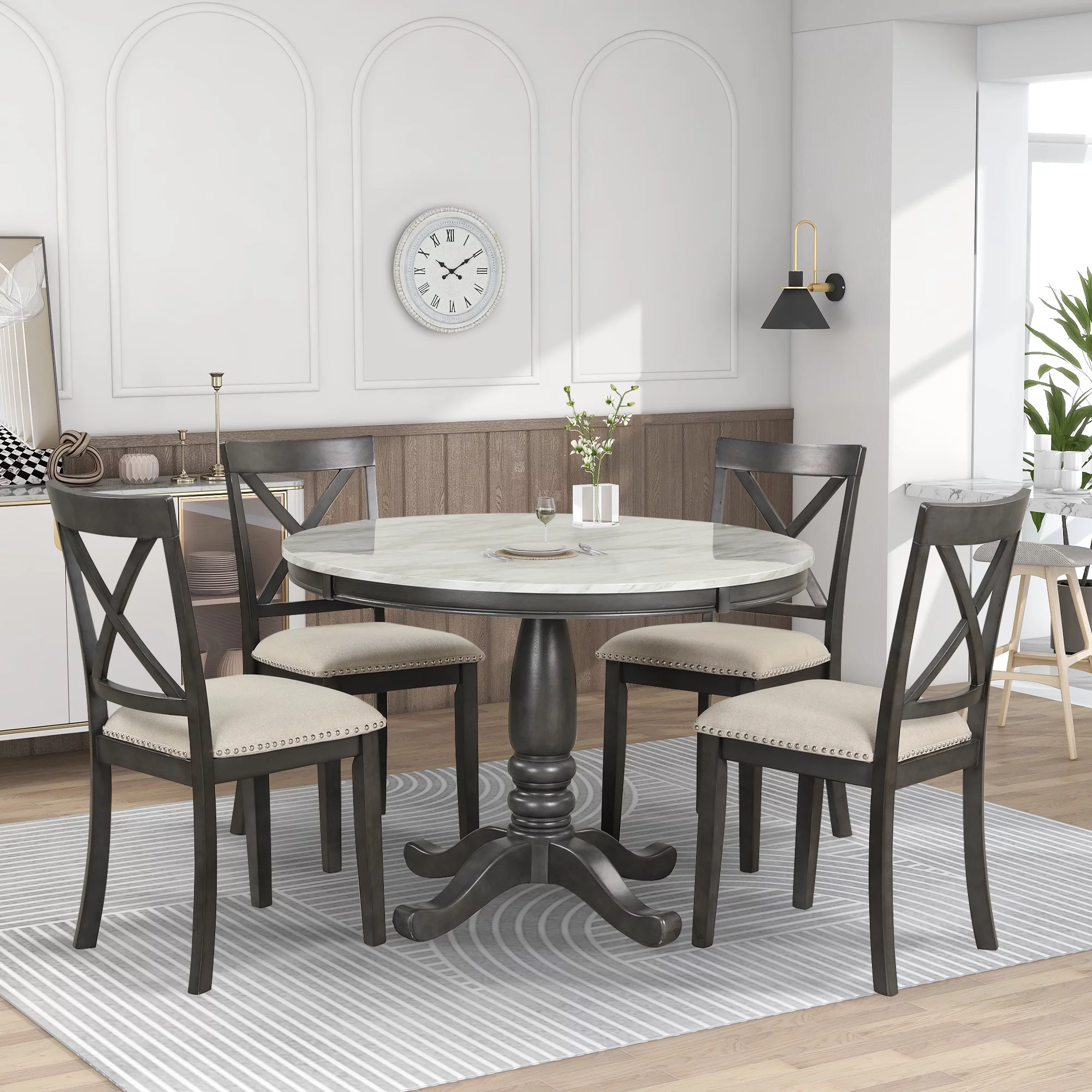 5 Piece Modern Solid Wood Dining Room Set with 4 Chairs, Simple Style Kitchen Table Set with Table and 4 Cross Back Chairs, Round Table with Chairs for Small Places (Gray)