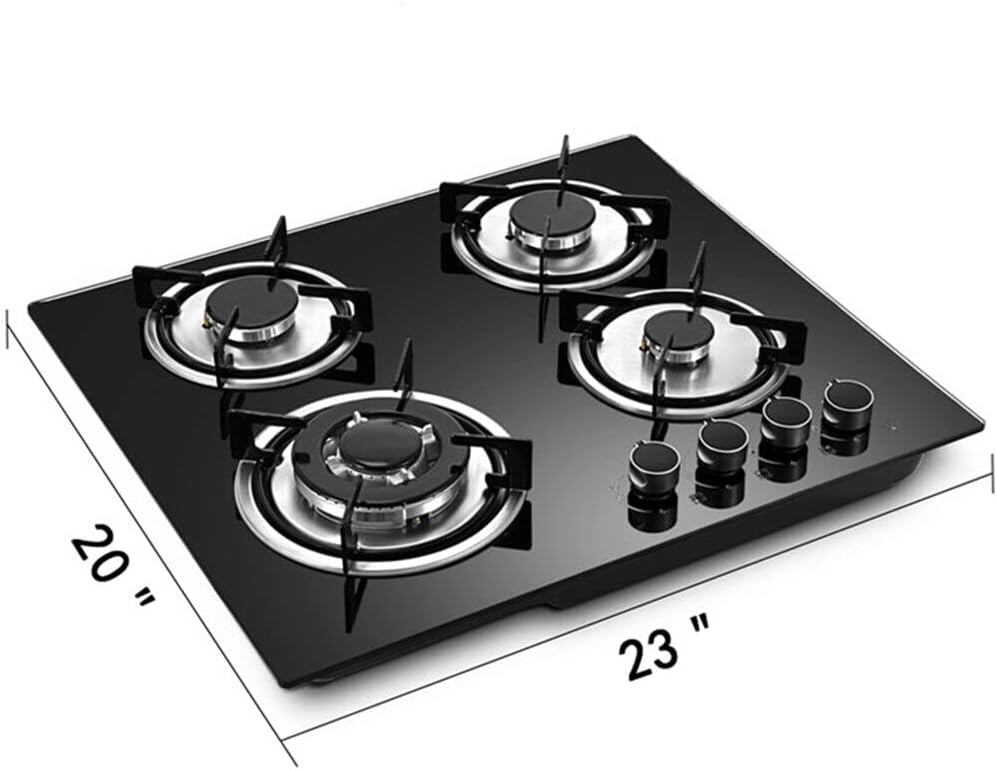 23" Gas Cooktop, Built in Gas Cooktop 4 Burners Stainless Steel Stove Black Tempered Glass Burners Gas Countertop for LPG/NG Dual Fuel Natural Gas/Propane Cooktop Heavy Duty Cast Iron Grates