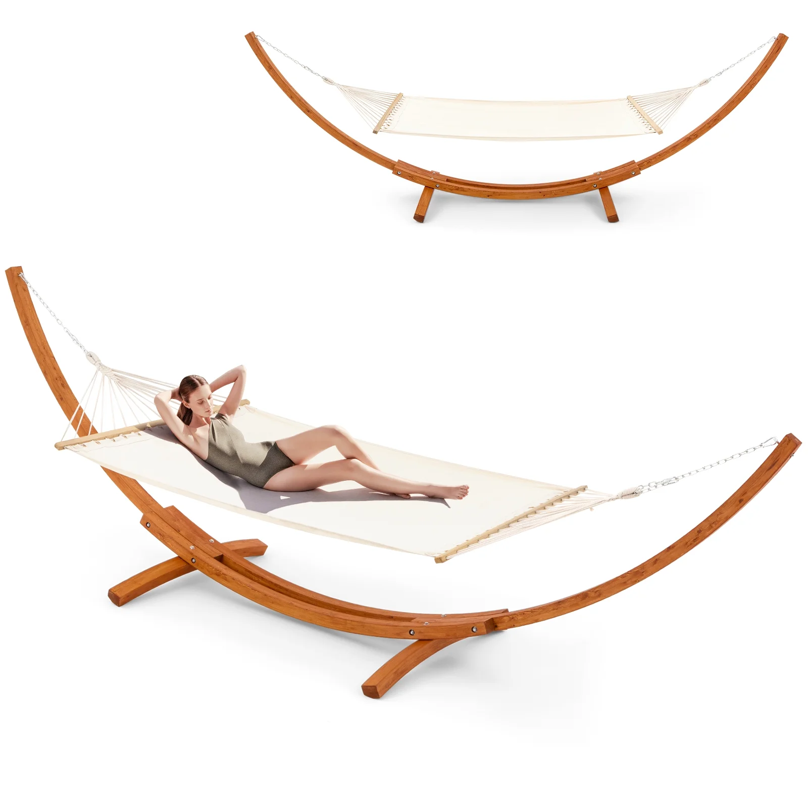 AVAWING 14FT Wooden Double Hammock with Stand 2 Person Heavy Duty, Easy Assemble, Weatherproof Premium Quilted Camping Hammock for Outdoor, Patio(White)