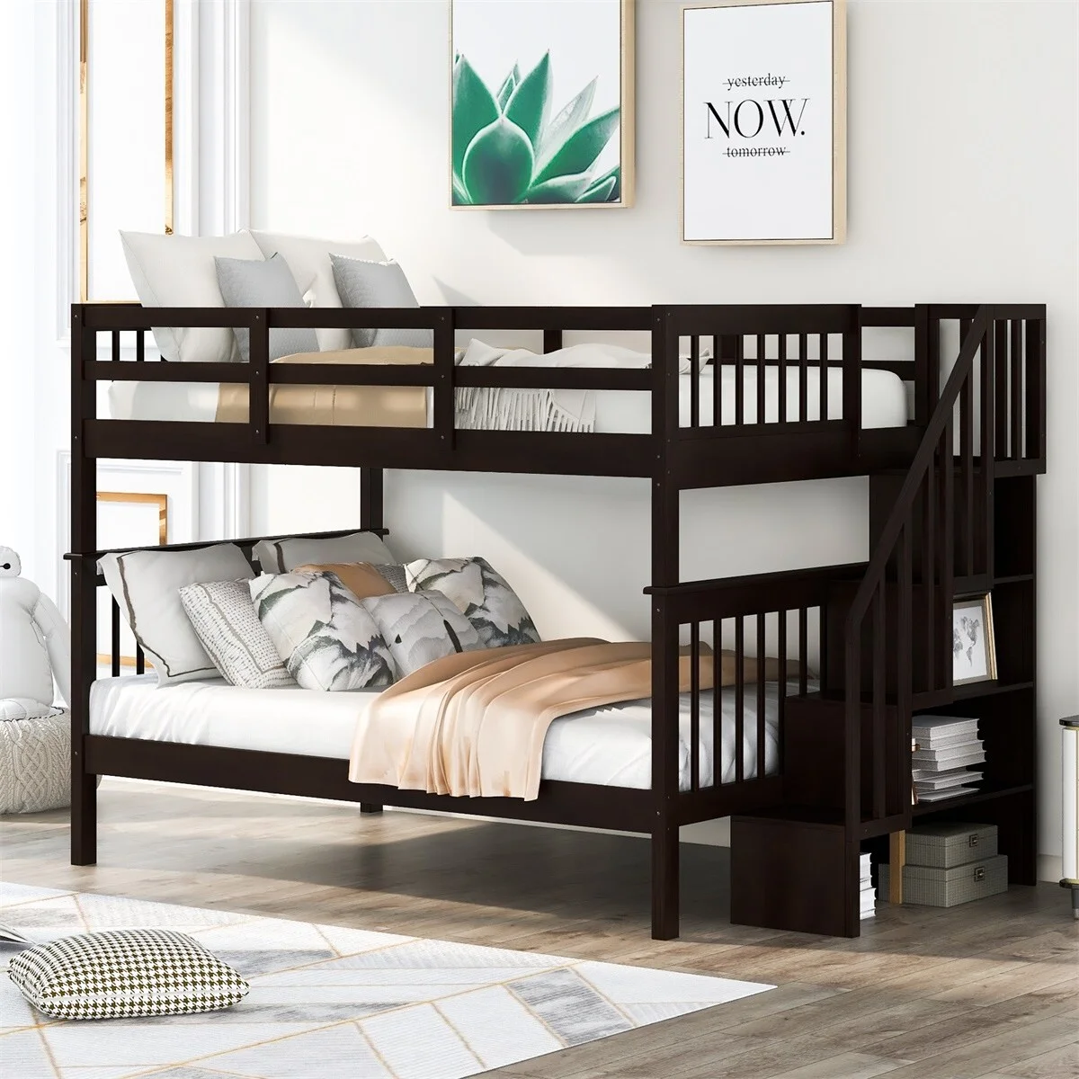 MERAX  Wood Full over Full Stairway Bunk Bed with Shelves Espresso - Curated Treasures Market