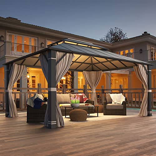 YOLENY 10' x 12' Hardtop Gazebo, Wood-Looking Gazebo with Galvanized Steel Double Roof, Aluminum Frame, Permanent Metal Pavilion with Netting and Curtains for Deck, Backyard, Patio and Lawns