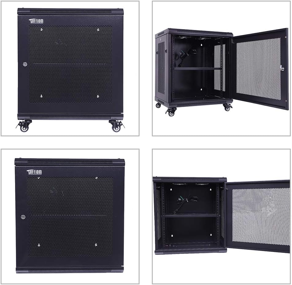 TUFFIOM 12U Casters Network Enclosure, 19 Inch Consumer Series Server Equipment Rack, Computer Date IT Network Cabinet Include 3 Side Panel Locks, Cooling Fan, No Assembly Required