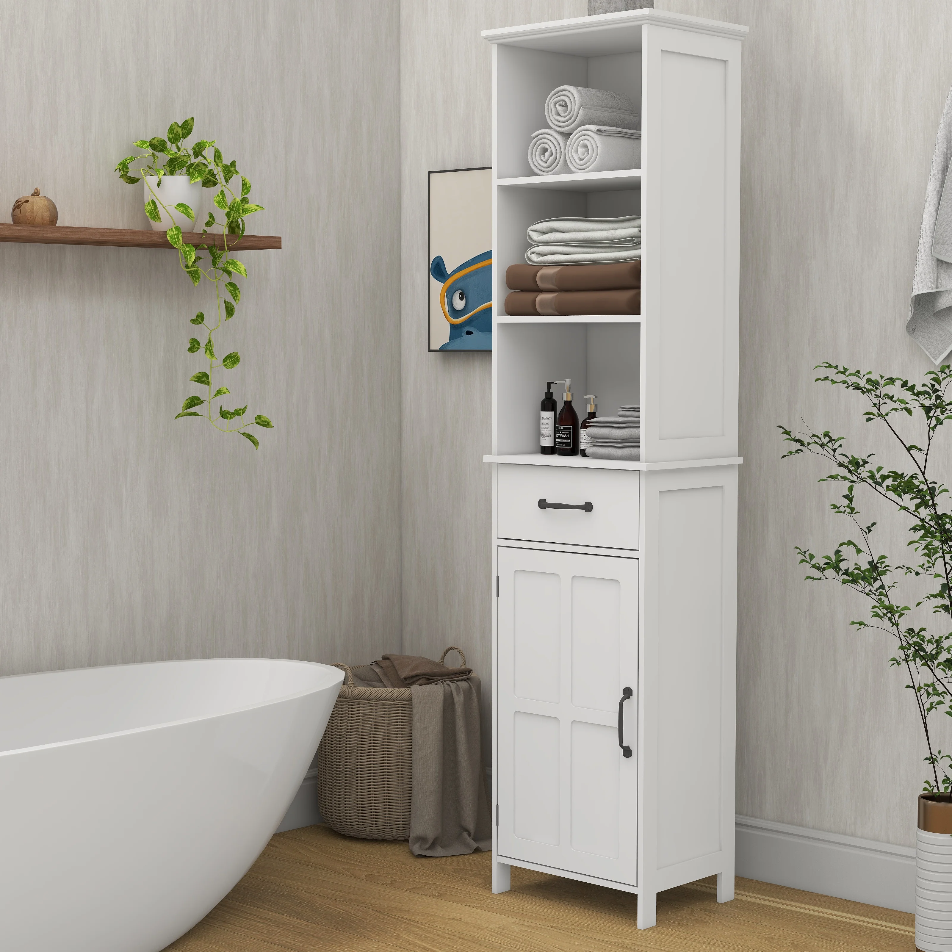 Tall Narrow Storage Cabinet, Bathroom Slim Floor Freestanding Cabinet with One Door for Bathroom, Bedroom and Living Room, White