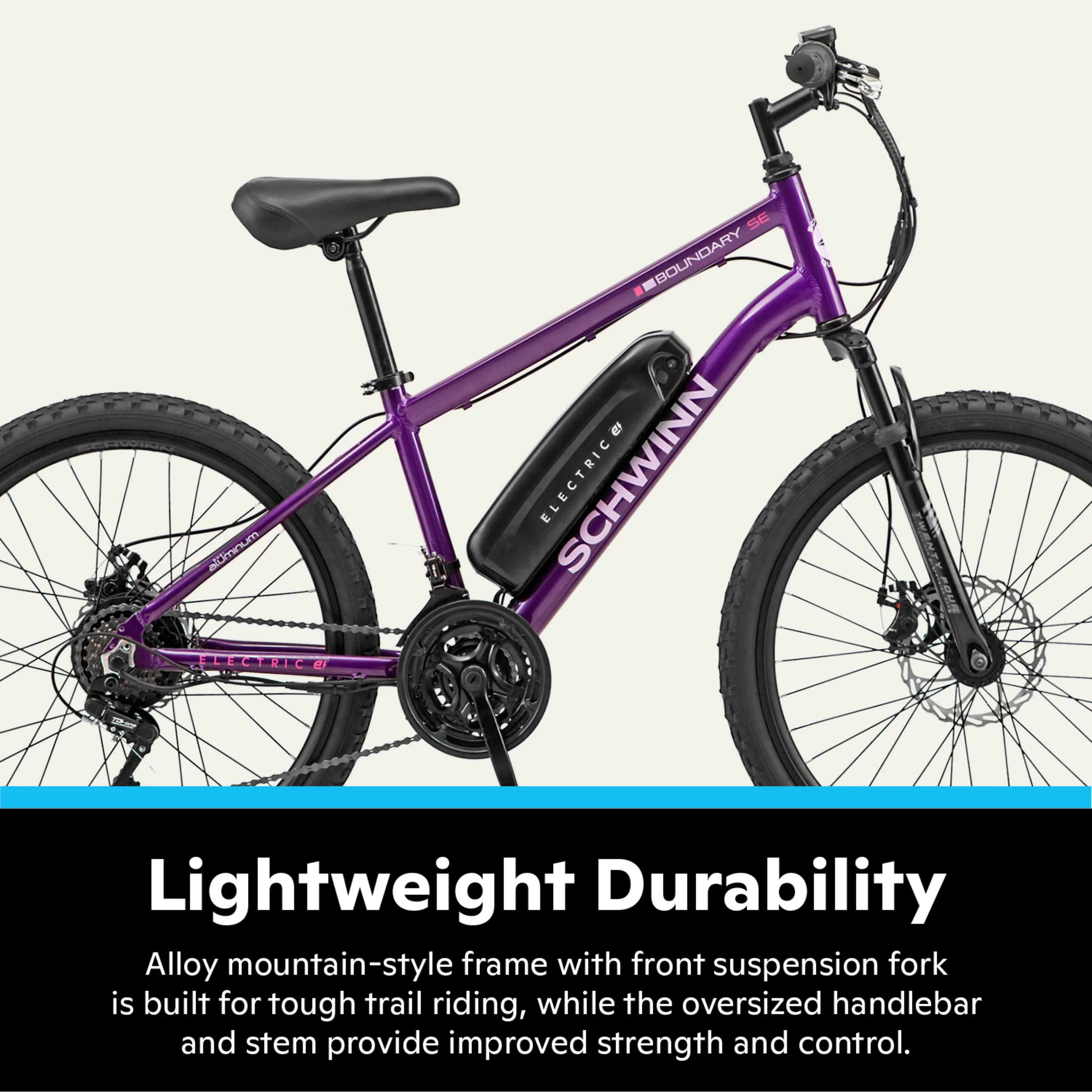 Schwinn 24" Boundary Electric Mountain Bike for Adults, 7 Speeds, 250w Ebike Motor, Purple