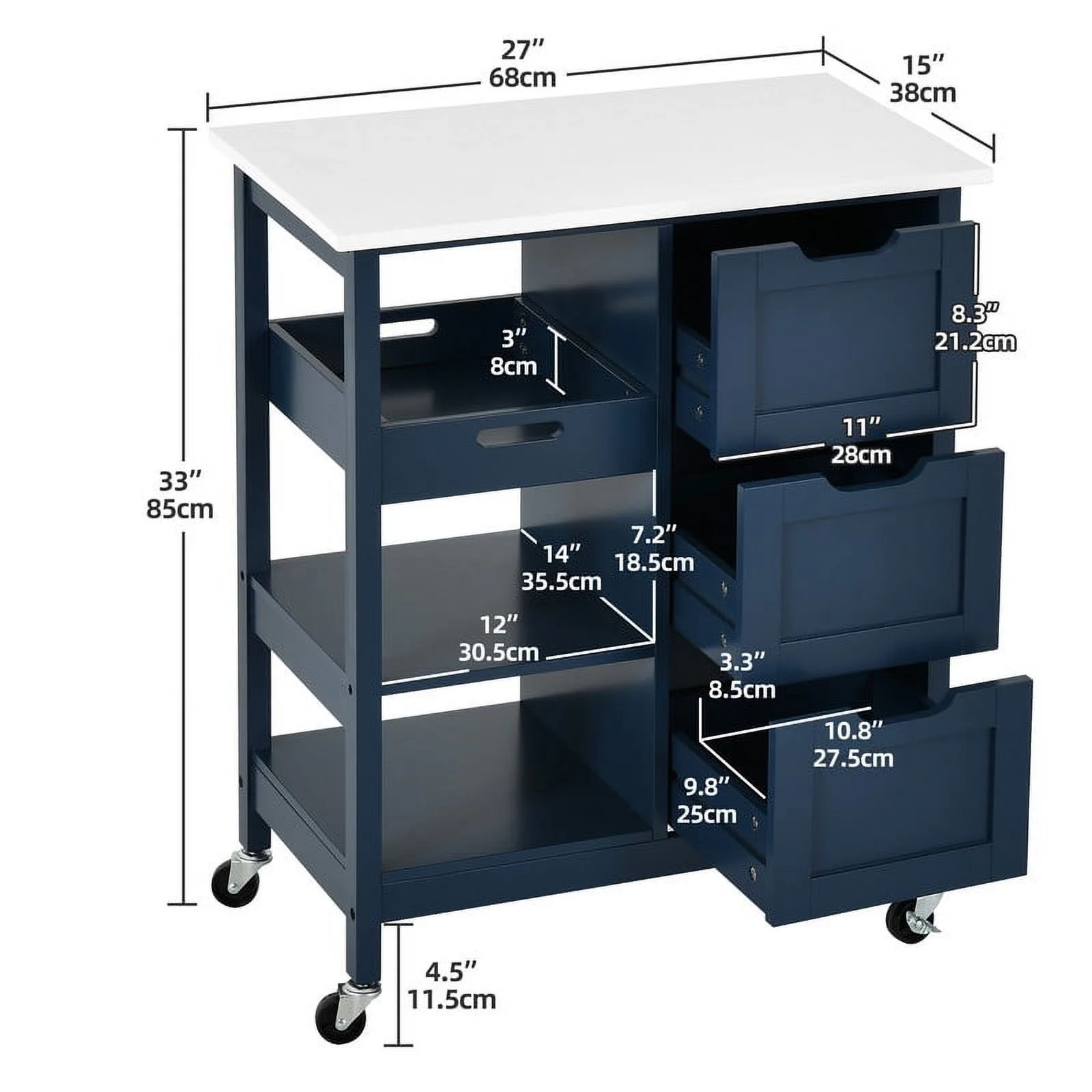 DWVO 3 Tier Kitchen Island Cart with Storage, Rolling Kitchen Cart with Large Countertop, Opening Shelves and Drawers for Kitchen Dining Room, Blue
