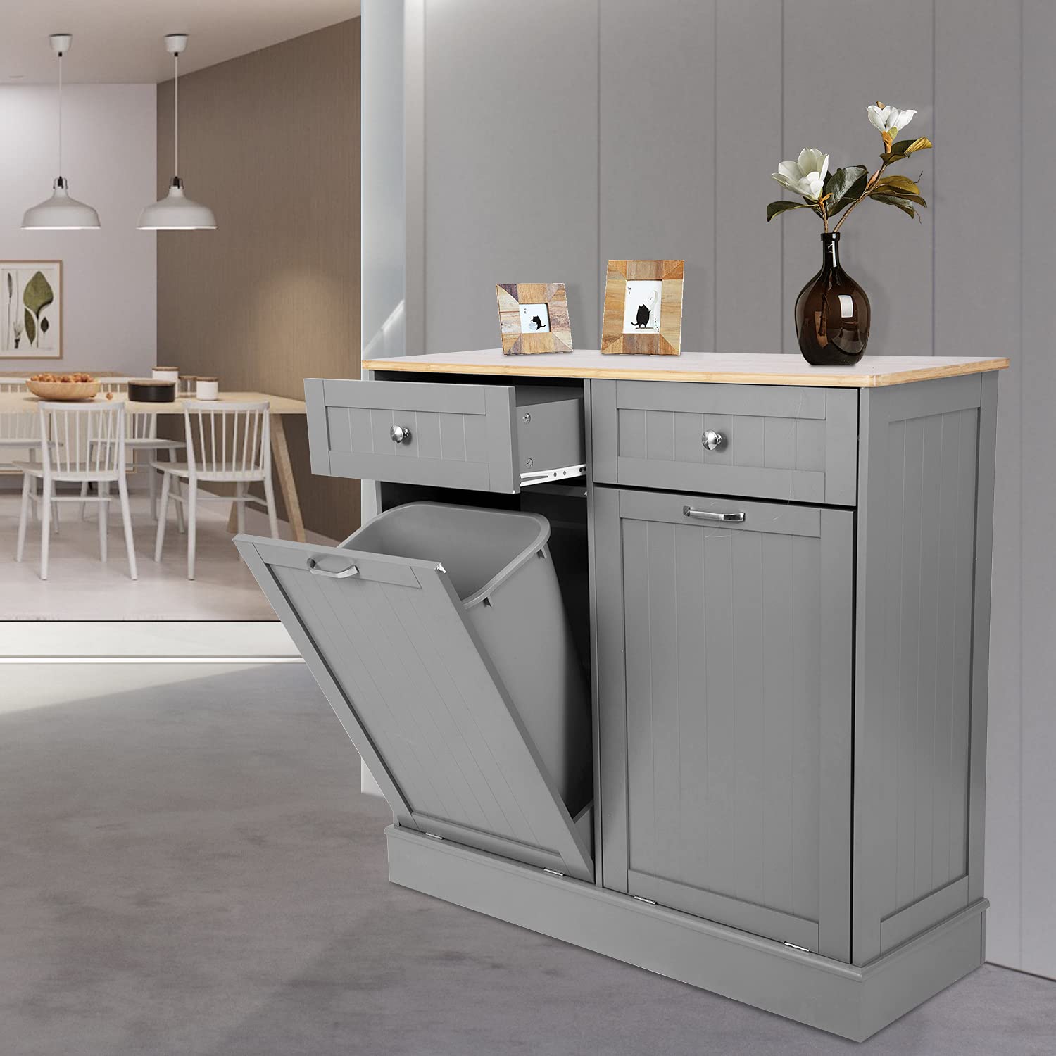 Anbuy Double Kitchen Trash Cabinets Dual Tilt Out Trash Cabinet with Two Wood Hideaway Trash Holder Drawers, Free Standing Recycling Cabinet Trash Can Holder (Dual White)