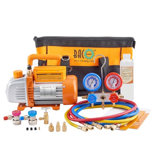 BACOENG AC Vacuum Pump and Gauge Set, HVAC Vacuum Pump and Manifold Gauge Set for R134a R410a R12 R22 Refrigerants, with Can Tap and Quick Couplers