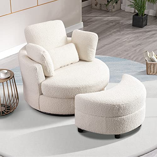 Chair and A Half with Ottoman, 360° Swivel Accent Barrel Chair Modern Comfy Round Reading Sofa Swivel Chairs Circle Lounge Chair for Bedroom Living Room w/4 Pillow Lower Seating Heigh (White, Large)