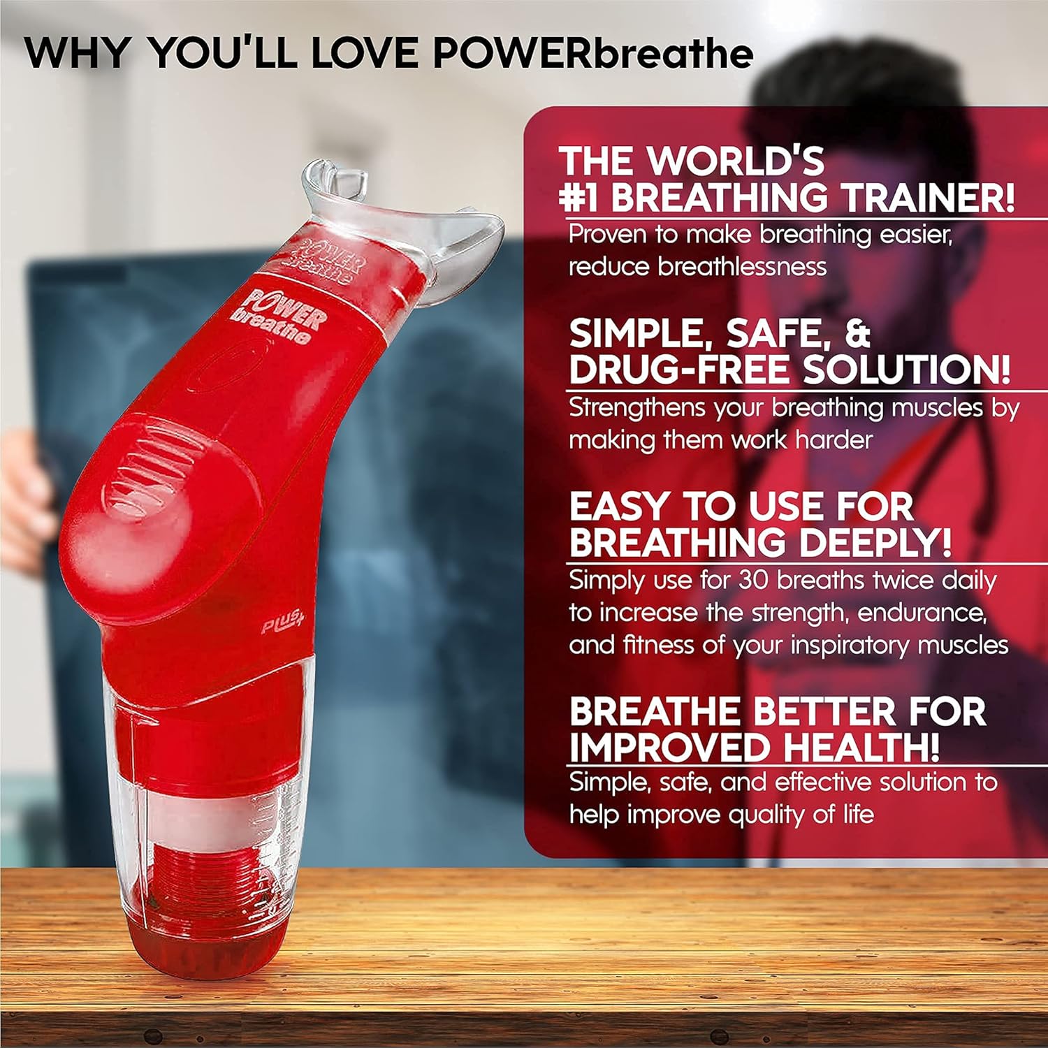 POWERBREATHE - Breathing Exercise Device, Breathing Trainer and Therapy Tool to Strengthen Breathing Muscles and Help Lung Capacity, Handheld Inspiratory Muscle Trainer &ndash; Red, Heavy Resistance