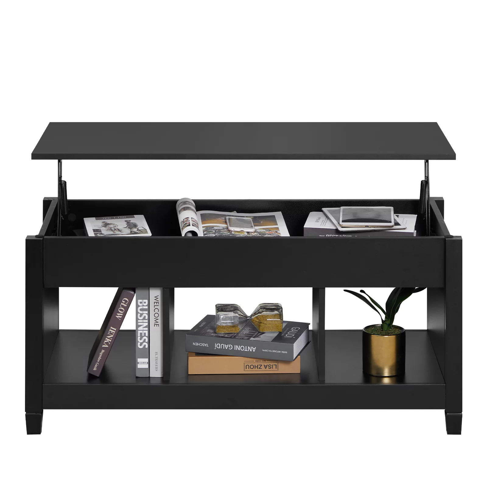Lift Top Coffee Table, 41" X 19.5" Rising Dining Table w/4” Depth Hidden Storage Compartment & 3 Open Shelves, Coffee Table Lift Top for Reception & Living Room, Office, Small Apartment