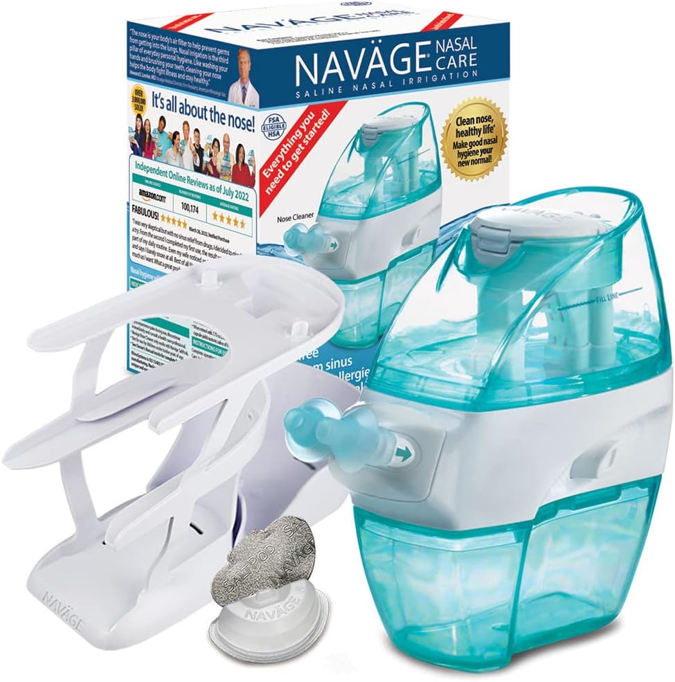 Navage Essentials Bundle - Navage Nasal Irrigation System - Saline Nasal Rinse Kit with 1 Navage Nose Cleaner, 30 SaltPods, Countertop Caddy and Burgundy Travel Bag