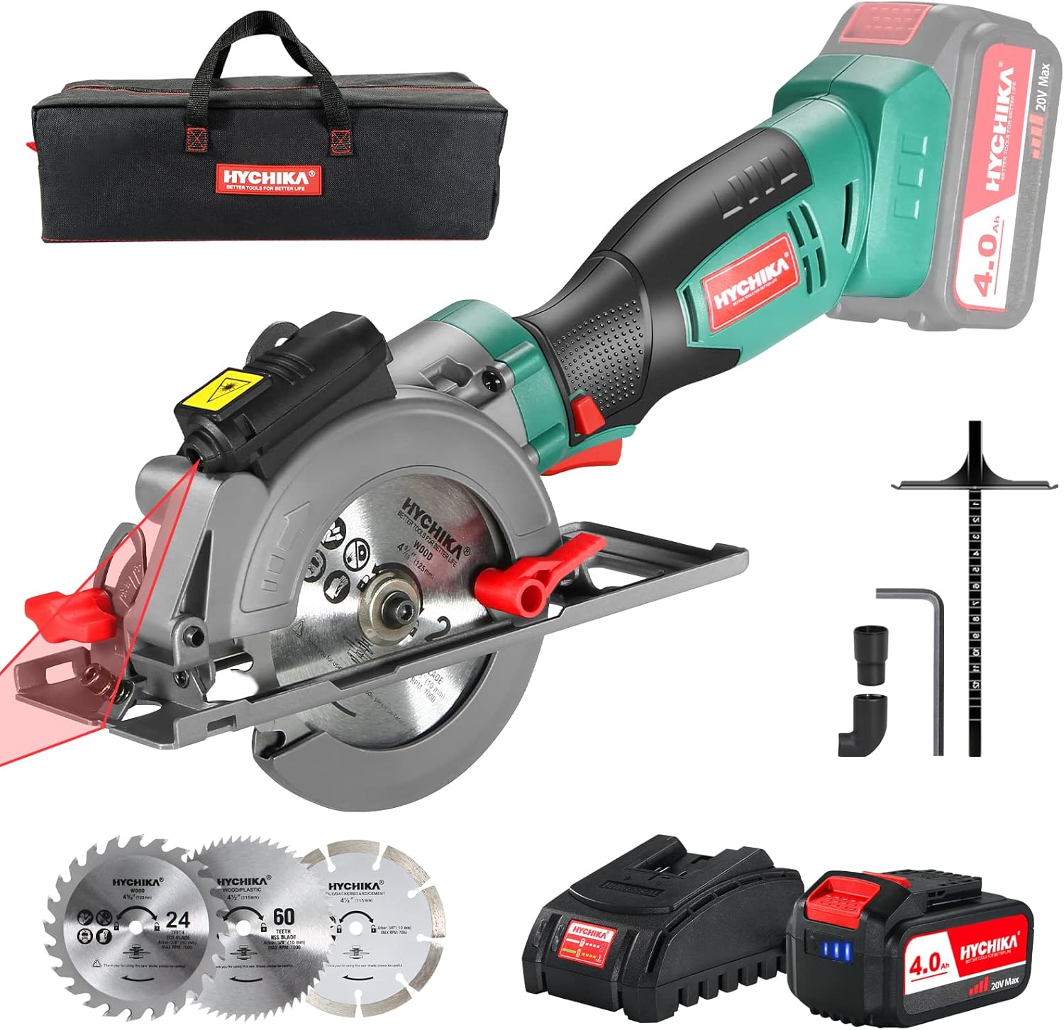 HYCHIKA Cordless Circular Saw,20V Mini Circular Saw with 4.0Ah Battery，3 Blades(4-1/2",4-9/10"),3500RPM Max Cuting Depth:90°(48mm)/45°(32mm),Compact Circular Saw for Wood, Plastic and Soft Metal