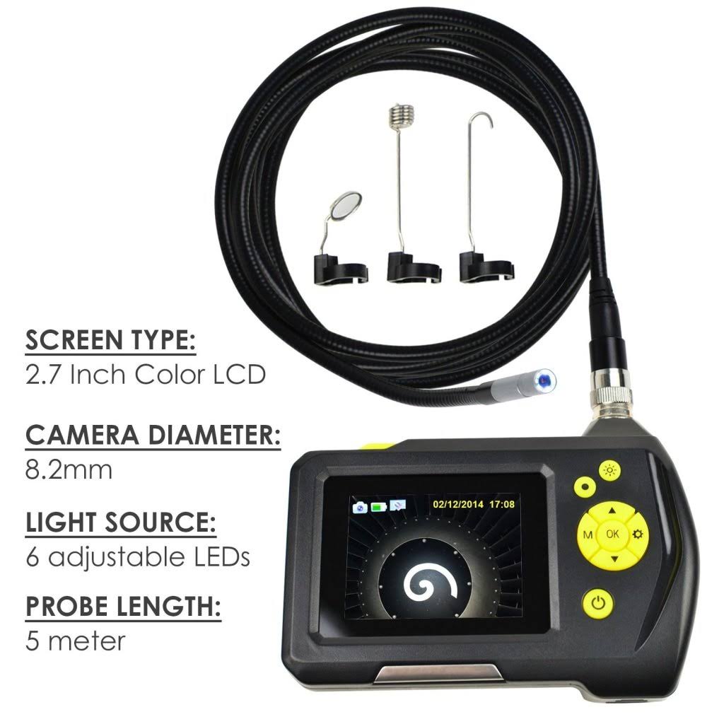 Waterproof Endoscope Digital Inspection Camera Borescope 8.2mm Camera 2.7 inch Screen Monitor (5m Cable)