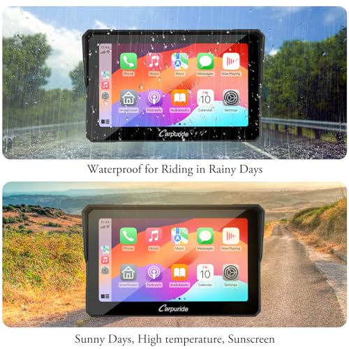 Carpuride W702 for Motorcycle, 7 inch Waterproof Touchscreen, Portable Carplay/Android Auto GPS Navigation for Motorbike, Support Dual Bluetooth, Car GPS, Siri, G00gle Assistant, TF-64G