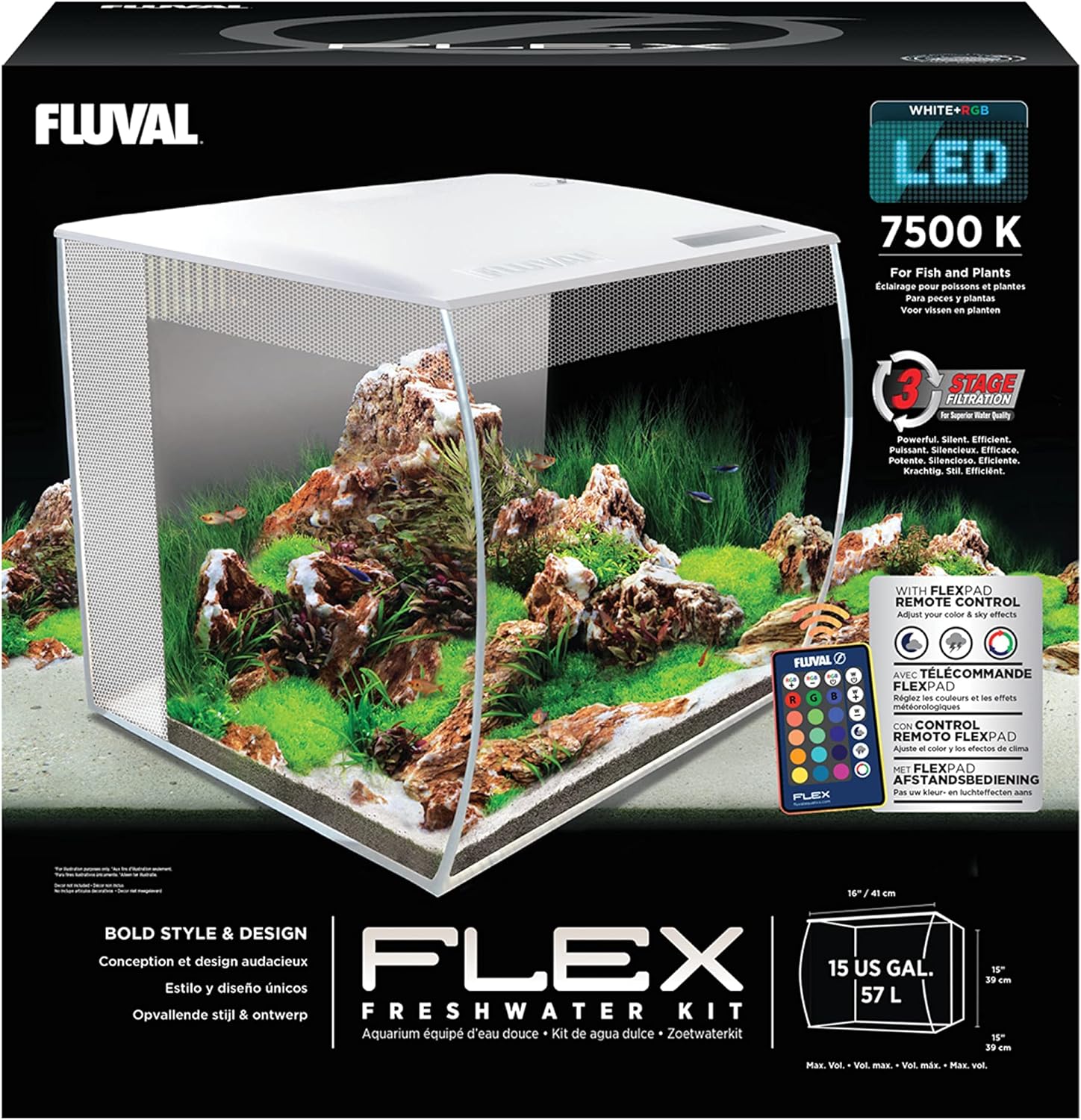 Fluval Flex 15 Aquarium Kit - Fish Tank for Fish & Plants - Comes with LED Lights, Filtration System & More - 16" x 15" x 15" - 57 L, 15 Gal. - White