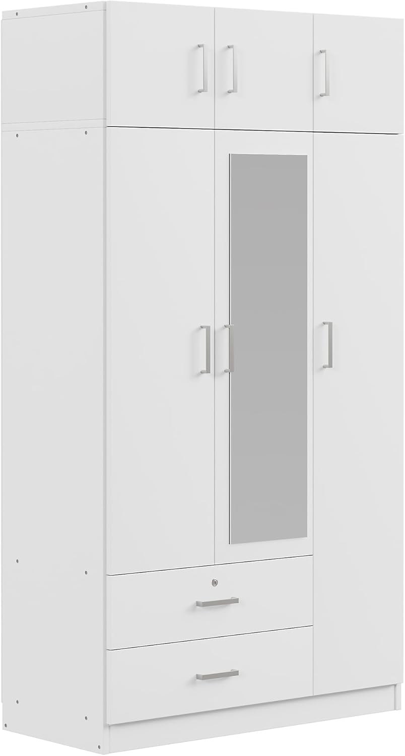 3-Door Mirror Wardrobe Closet, Bedroom Freestanding Storage Armoire Organizer with 2 Drawers and Top Cabinet, 41.30" L x 19.50" W x 81.10" H, White