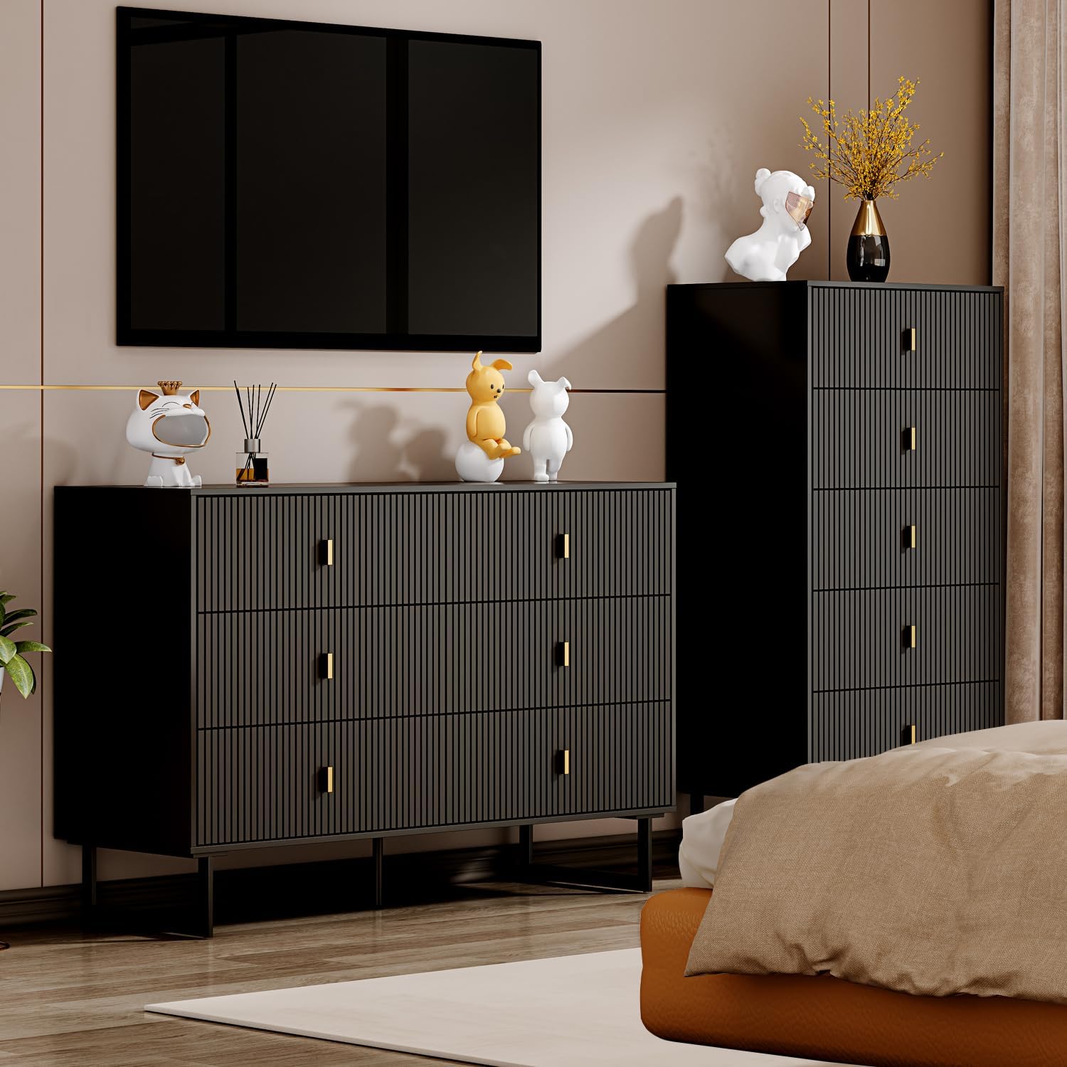 Black 6 Drawer Dresser for Bedroom, Large Double Dresser with Wide Drawers, Modern Chest of Drawers,Storage Organizer Dresser,for Living Room, Hallway, Bedroom