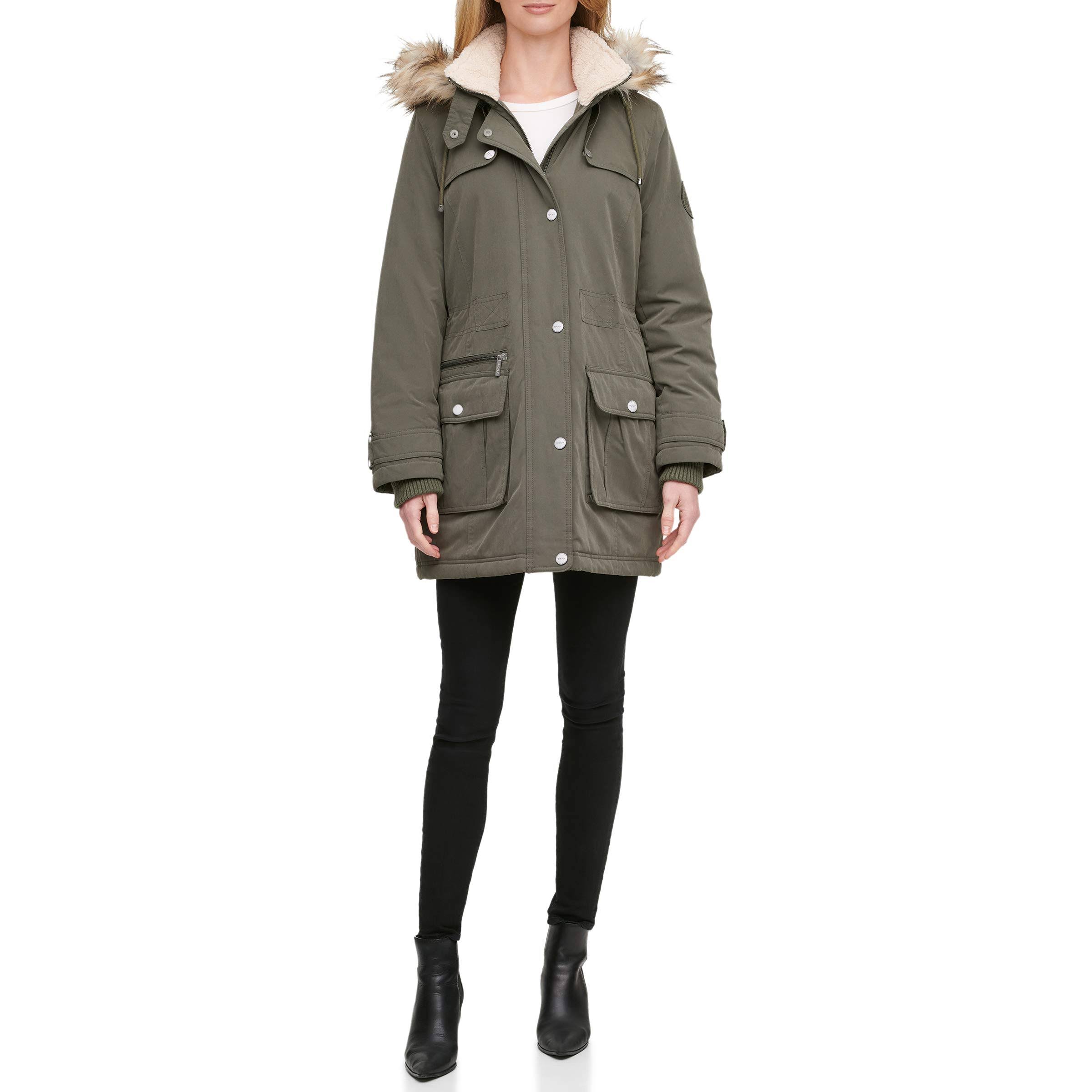 Dkny Faux-Fur Trim Hooded Water-Resistant Anorak Coat - Olive