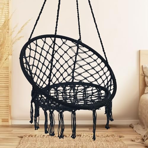 Hammock Chair Macrame Swing Set of 2 Bohemian Style Hammock Swing Chair with Tassels Hanging Swing Chair Handmade Knitted Cotton Rope for Indoor Outdoor Bedroom Patio Max 330 Lbs Black