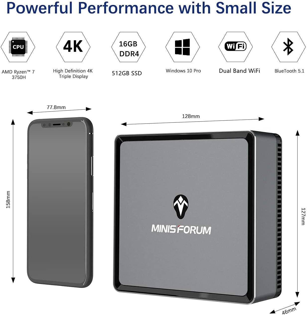Mini PC AMD Ryzen 7 3750H UM700 | 16 GB RAM 512 GB PCIe SSD Mini Desktop Computer | Radeon RX Vega 10 Graphics | Dual WiFi BT 5.1 | HDMI/Display/USB-C | RJ45 4X USB 3.0 Ports Small Form Factor